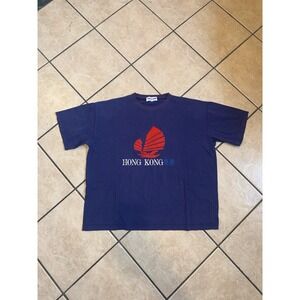 Vintage Hong Kong Embroidered T-Shirt Blue Red Junk Boat Tourist Tee Size XL
